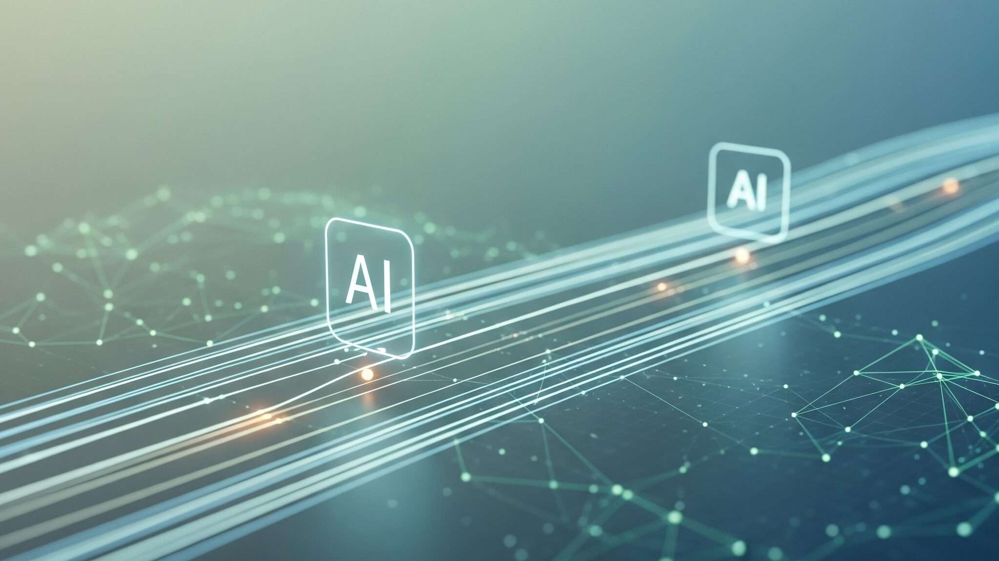 Kuva datavirroista, joita tekoäly (AI) analysoi ja suojaa. Kuvassa näkyy hallittu tiedonkulku ja digitaalinen verkko viileissä sinisen ja vihreän sävyissä.
